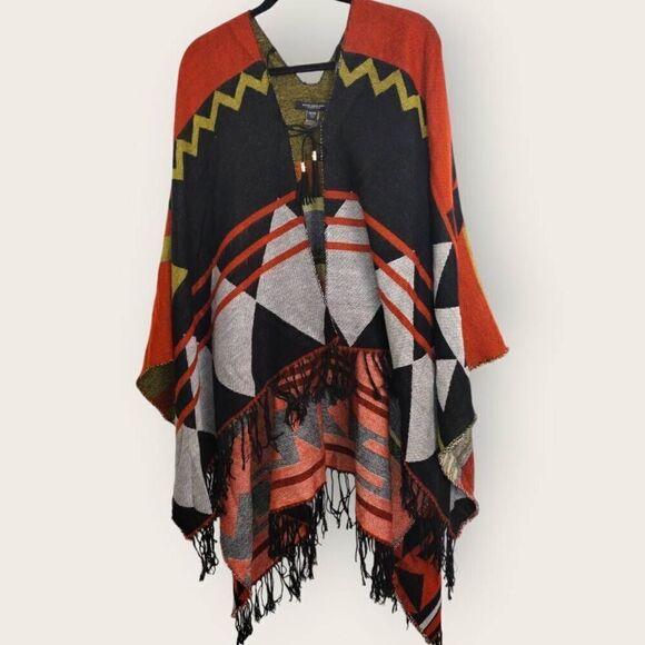 Marc New York Poncho Southwestern Cape One Size Black Rust Earthy Western Gorp‎ - Picture 2 of 13